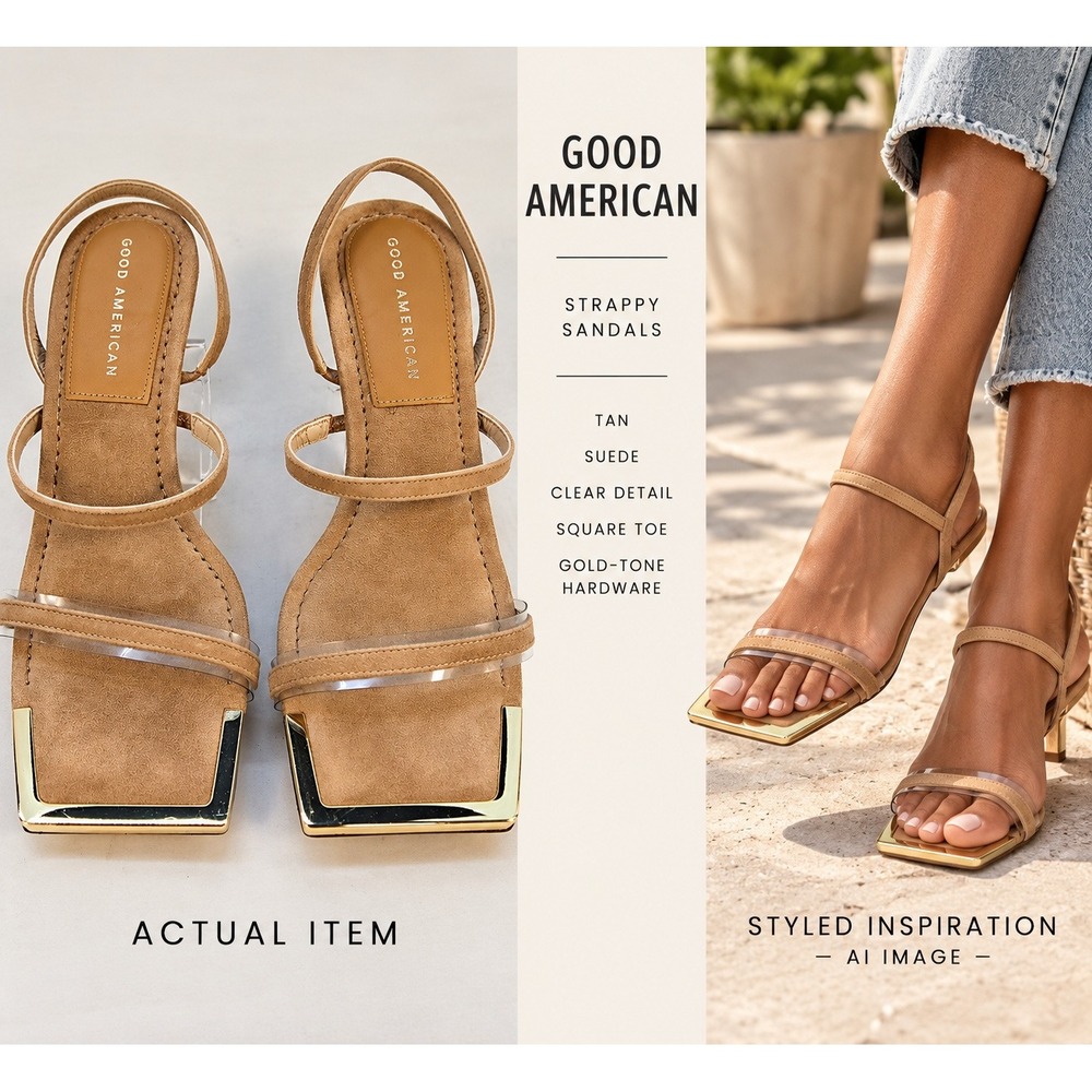Good American Strappy Sandals Womens Square Toe Tan 7.5 Excellent Contemporary